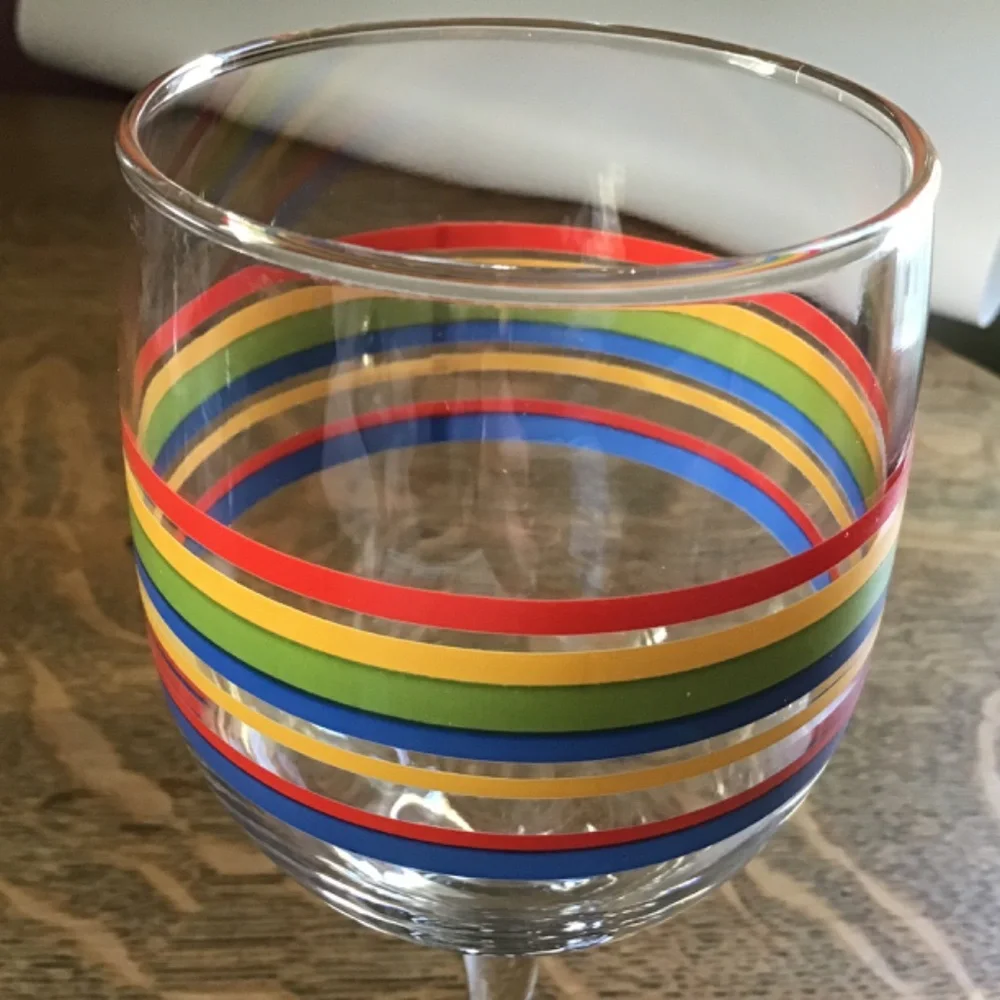 Vintage Libbey Fiesta Mambo Striped Wine Glass Blue Green Red Yellow Rings
